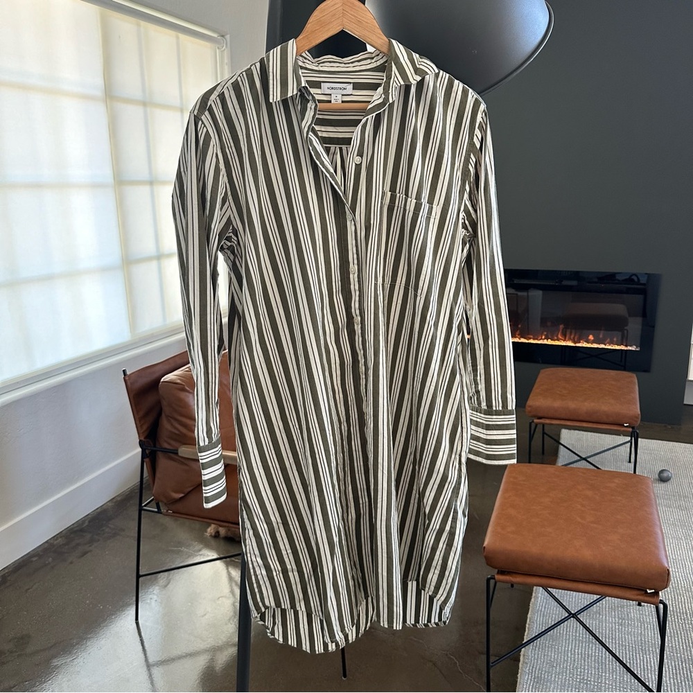 Green stripe cotton button up shirt dress